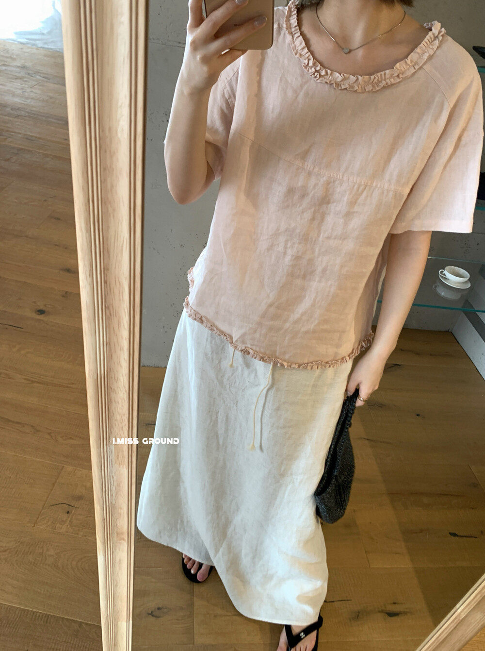 Áo sơ mi ngắn tay cổ tròn chất liệu linen phối ren bèo nhún — trắng ngà, Xanh nước biển, màu hồng, Vàng nhạtcolor chi tiết 19