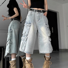 美式复古水洗做旧宽松牛仔短裤男女夏季新款街头多口袋显瘦七分裤