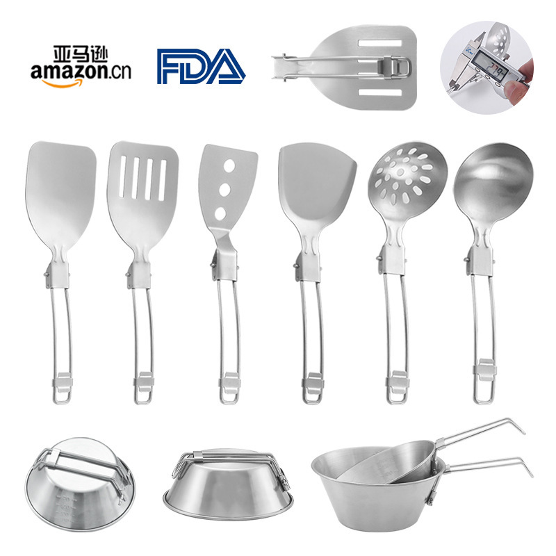 Outdoor Camping Convenience Cookware Foldable 304 Stainless Steel Kitchenware Multi-function Frying Shovel Soup Spoon Snow Bowl