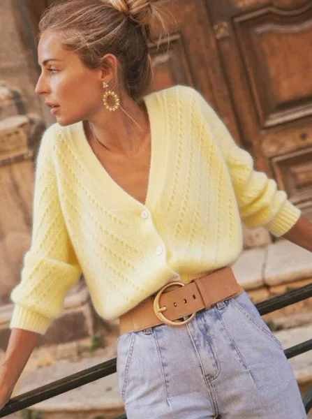 New Mohair Cardigan for Women, Spring and Autumn New Style, V-Neck, Long-Sleeve, Hollow-Out Knit, Solid Color Base Sweater Jacket