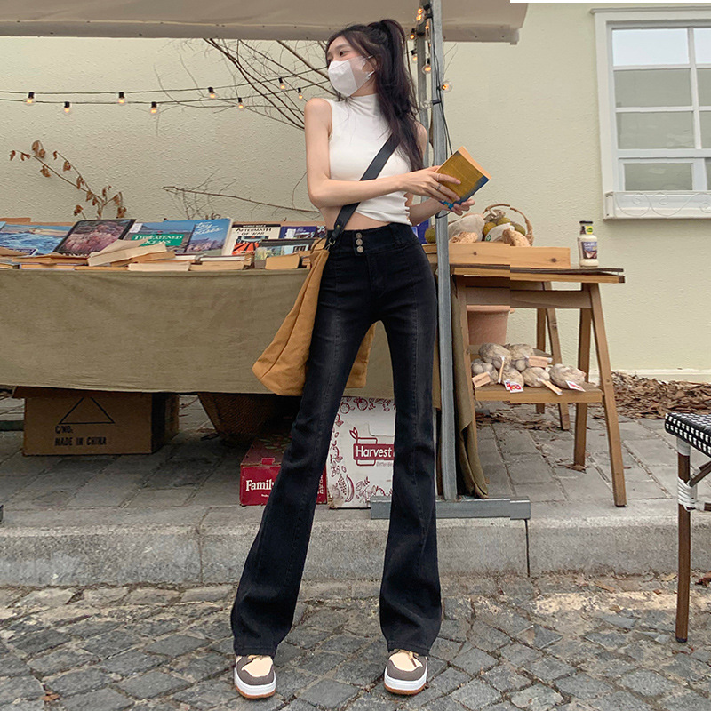 高腰三扣弹力喇叭牛仔裤女秋冬新款修身显高微喇裤韩版高个子长裤