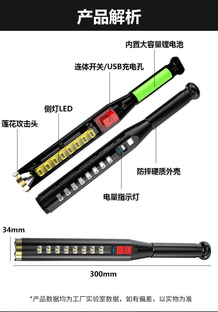 跨境新款强光手电筒棒球棒电筒户外巡逻USB充电COB多功能手电批发详情4