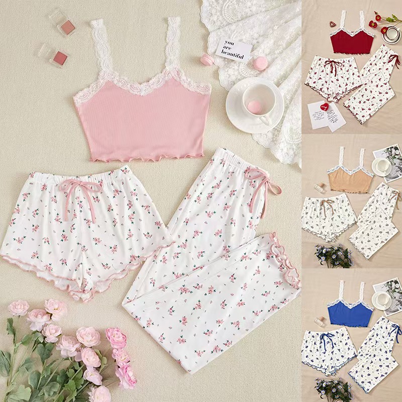 Sexy Floral Pajamas for Women, Summer Lace Suspender Three-Piece Set, Short and Long Pants, Sexy Set, Cute Ladies' Home Clothes