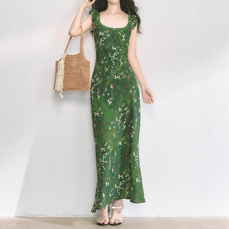 Romantic Escape "Monet 2.0" Dark Green Printed Forest Elf Oxygen Slim Fit Whitening Dress