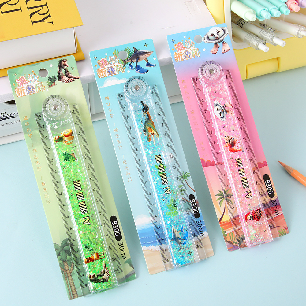 dibujos animados plegables reglas de arena flotante montañas y mares en reglas de aceite 30cm de medición de rotación pintura reglas rectas estudiantes de papelería