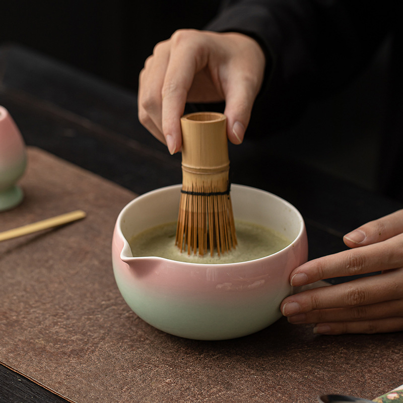 亮光粉绿渐变陶瓷抹茶四件套日式打沫搅拌点茶工具茶碗茶筅百本立|undefined