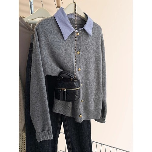Grey polo neck cardigan women's winter autumn thick knitting jacket for petite women
