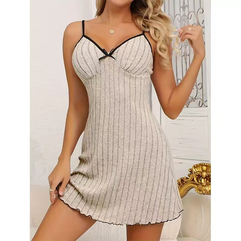 2025 New Women's Summer Fashion Knitted Pit Fleece Suspender Nightgown Dress Casual Style Comfortable