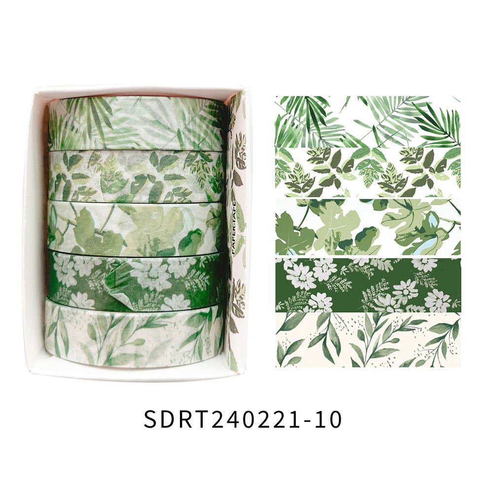 Flores de primavera, flores literarias románticas, flores frescas, flores pastorales, 5 rollos y cinta de papel, pegatinas de material de cuentas a mano combinadas