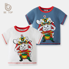 韓版中國風男童短袖T恤純棉新春兔子女童上衣醒獅兒童半袖衫代發