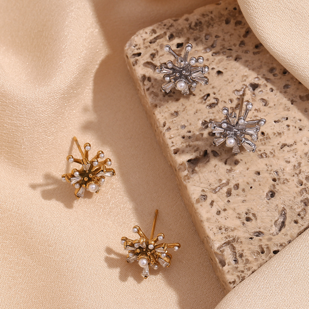 Pearl Zircon Fireworks Stainless Steel Earrings