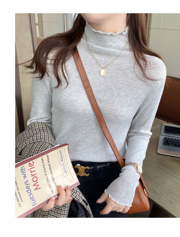 针织打底衫女秋冬洋气内搭木耳边半高领毛衣修身百搭中领长袖上衣|undefined