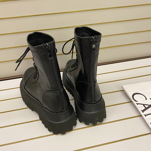 Women's Thick-Heeled Martin Boots  New Model Rear Zip Thin Round-Toe Motorcycle Boots Soft Leather Lace-Up Fashion Influencer Short Boots