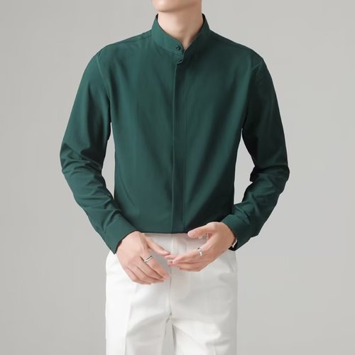 Men's Autumn New Arrival Lightweight Mature Style Korean Version Slim Fit Iron-Free Business Ice Silk Chinese Style Long-Sleeve Shirt Trendy