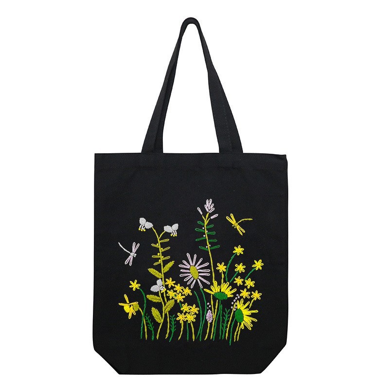 Hecho a mano DIY cinta bordada bolsa de lona Lu bordado solo hombro bolso tridimensional bordado flor lienzo mujer bolsa grande