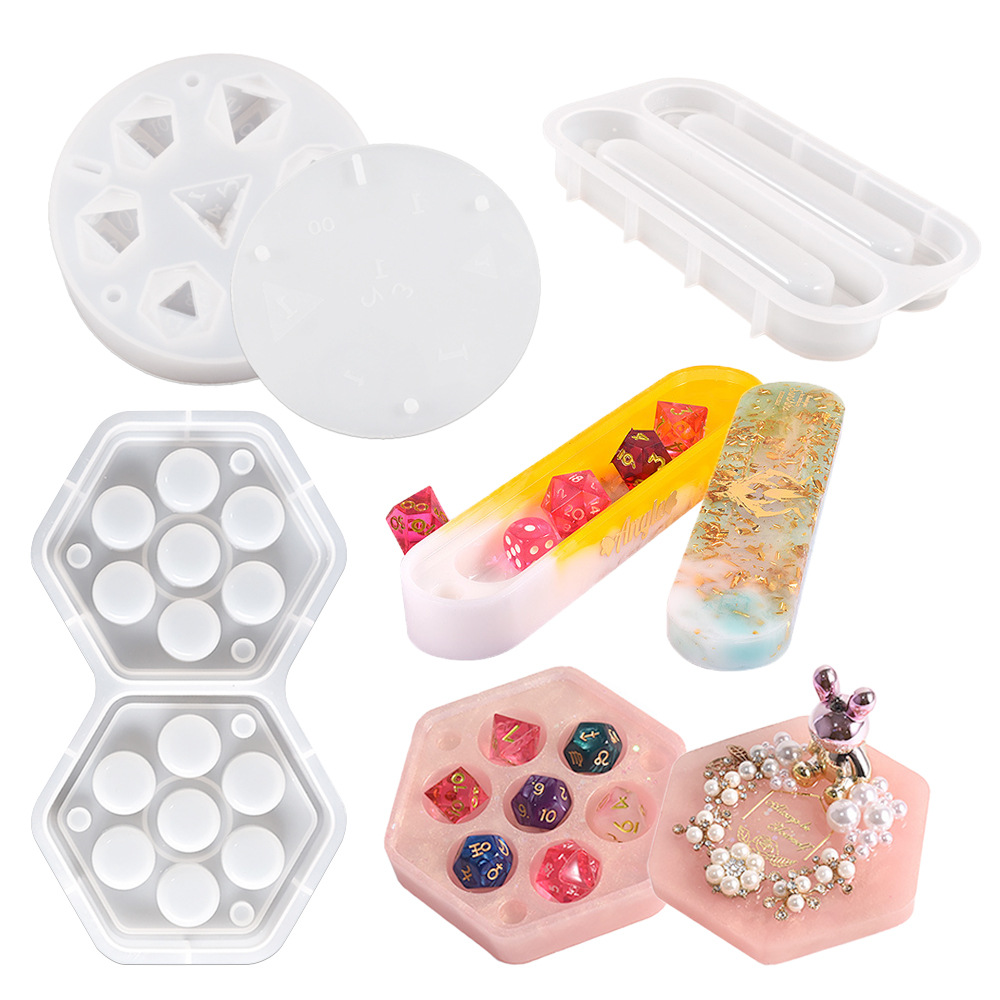 DIY poliédrico dados siete piezas conjunto juego de tablero de cristal epoxi dados hexagonales caja de almacenamiento de la joyería molde de silicona
