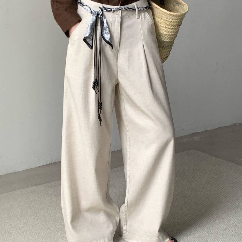 Tencel Linen 26 New Ethnic Style Belt Old Money Style Natural Linen Color Versatile Straight Pants Spring/Summer Model H041305 Tencel Linen 26 New Ethnic Style Belt Old Money Style Natural Linen Color Versatile Straight Pants Spring/Summer Model H041305