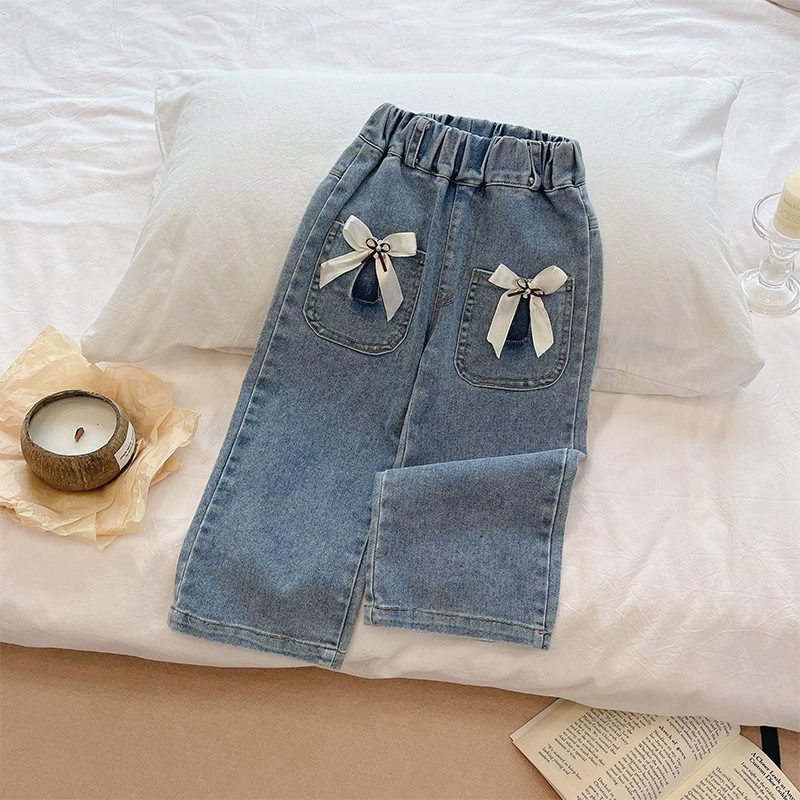 Девушка осень новый ажурный бант джинсы мода дикие брюки стирка мягкая джинсовая трусика K