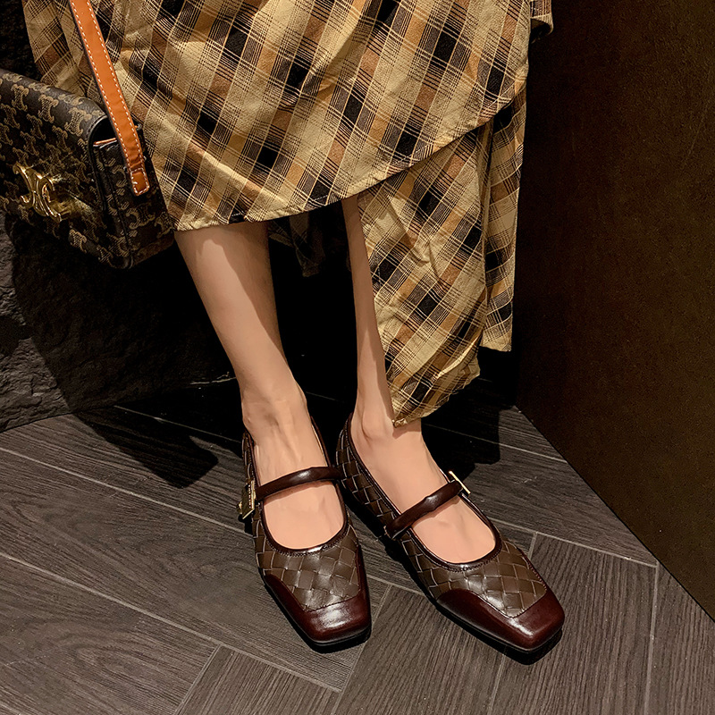 Leather demi-season woven retro Mary Jane shoes square toe