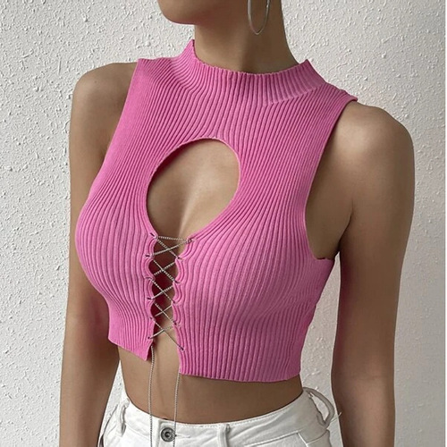 European and American Amazon 2024 new top sexy hottie hollow strap solid color short slim knitted vest for women