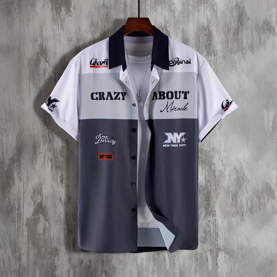 2024 verano nuevo estilo personalidad moda casual todo fósforo fresco y guapo letras camisa de manga corta a rayas MB1