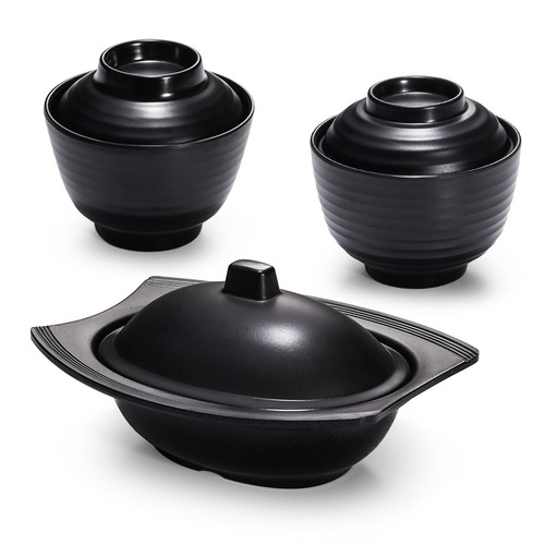 密胺汤盅黑色盖碗味增汤碗黑色日式料理仿瓷餐具小碗带盖塑料商用