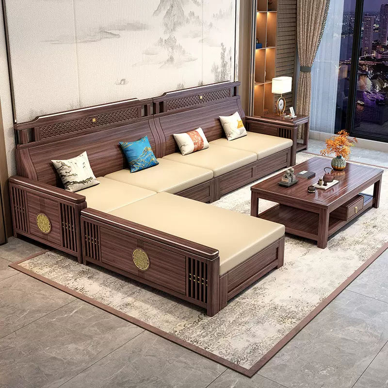新中式乌金木实木沙发冬夏两用客厅组合大小户型现代简约木质家具