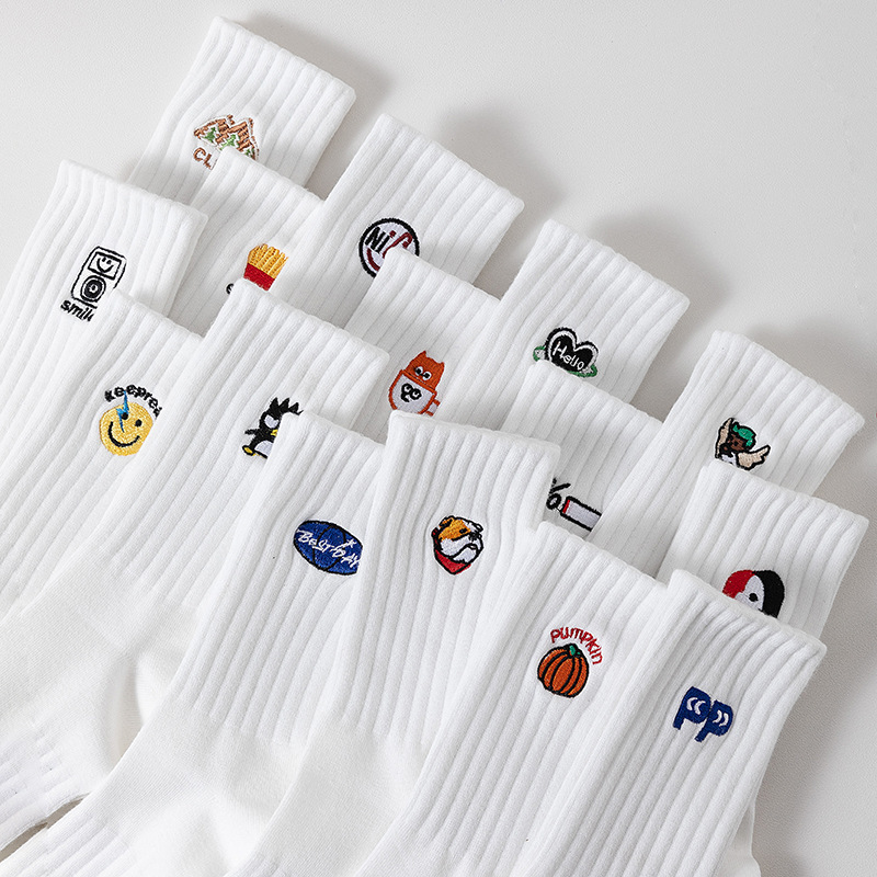 cityboy socks men's autumn and winter New White socks ins popular Net red sweat-absorbent sports embroidered cartoon mid-calf length socks