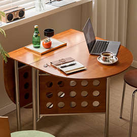 实木可折叠岩板餐桌椭圆形饭桌中古风家用小户型伸缩餐桌家用桌