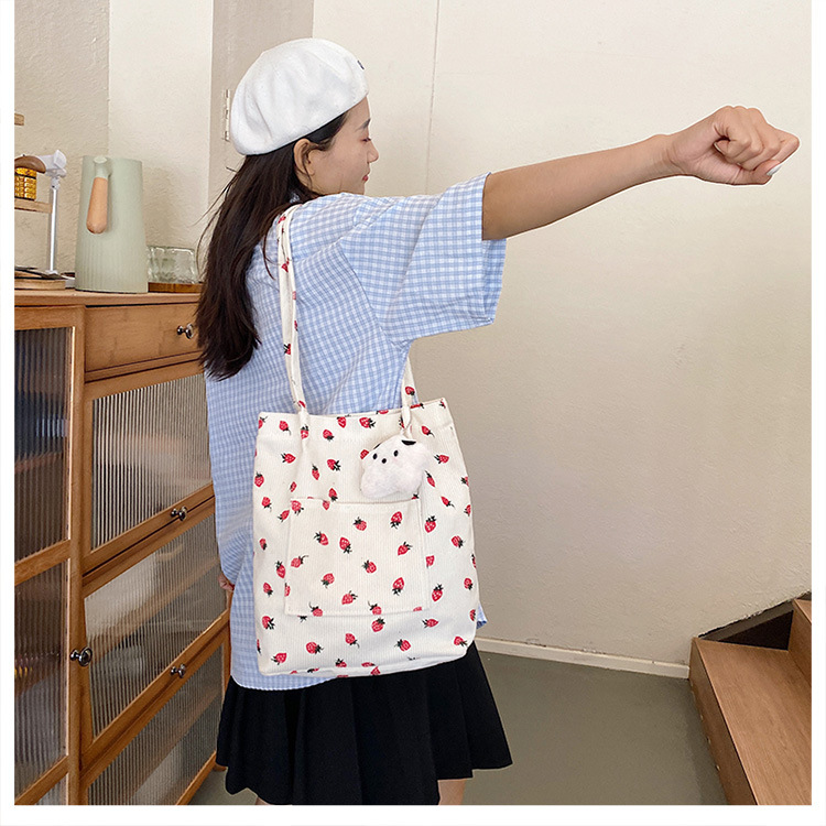 375g Weight Polyester Lining Material Magnetic Buckle Closure Type Double Shoulder Straps Strap Type Bucket Bag Bags Type Holiday, Daily Occasion Corduroy Material Strawberry Pattern Spring&Summer Season Women's Gender Cute Style Square Shape Medium Size Women's Medium Corduroy Strawberry Cute Square Magnetic Buckle Bucket Bag 3
