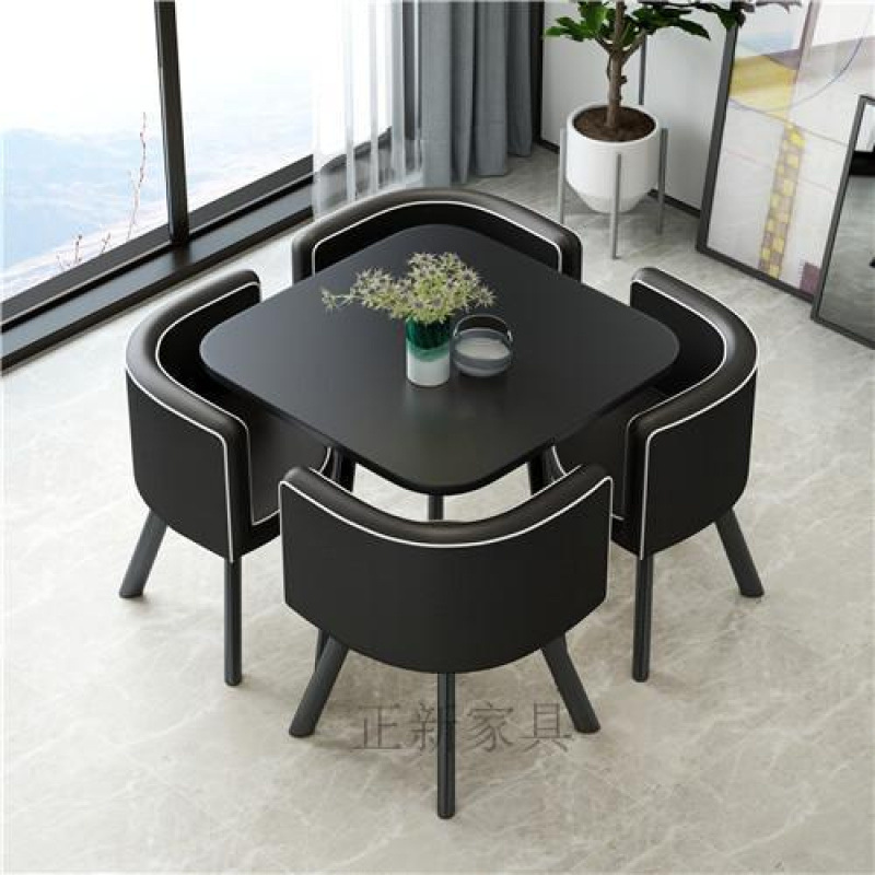 흰색 가장자리 가죽 의자가 있는 검은색 사각형 테이블 뜨거운 판매