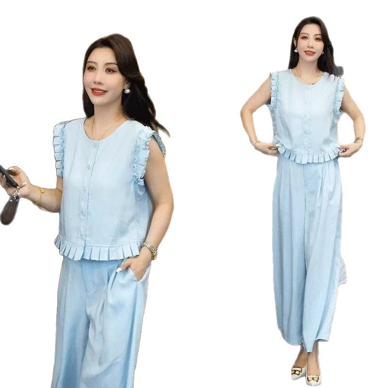 时尚洋气质套装女士2025夏季新款宽松木耳边短袖阔腿裤时髦两件套|undefined