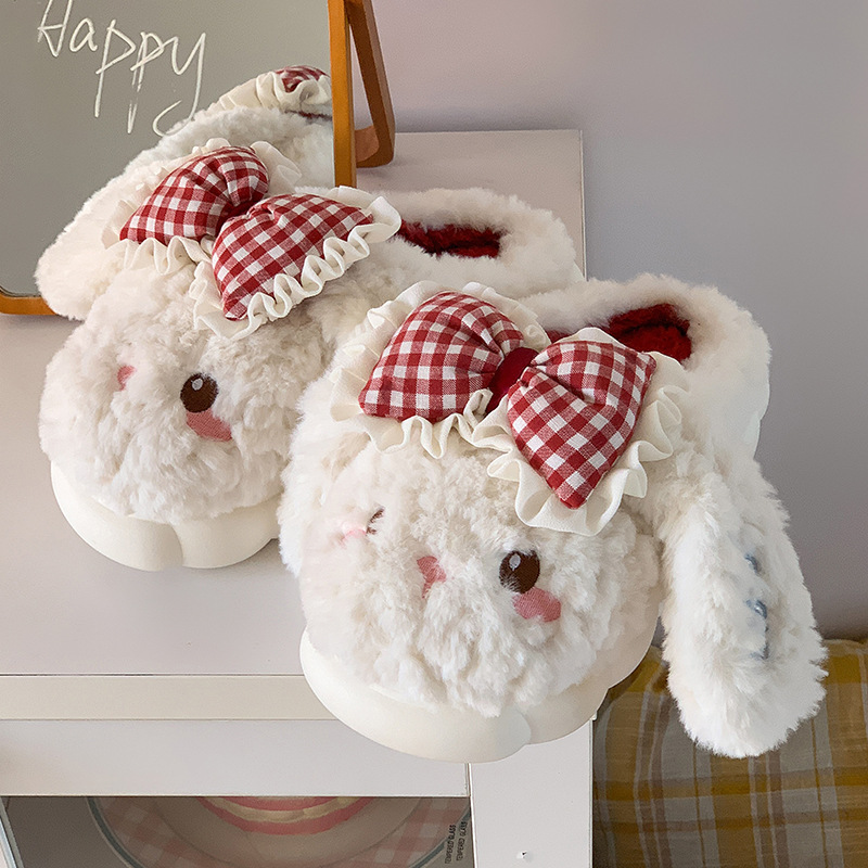 Cartoon Cotton Slippers for Women Autumn and Winter 2025 New Cute Rabbit Home Warm Thick-Soled Cotton Shoes with Bows