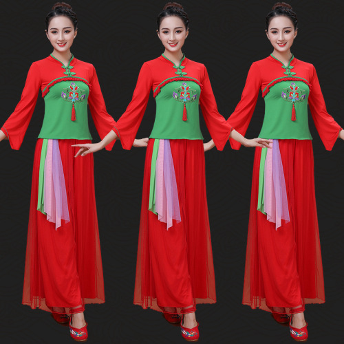 Square dance clothing with padded top and mesh pants set for women in middle and old age, classical dance performance costumes for stage