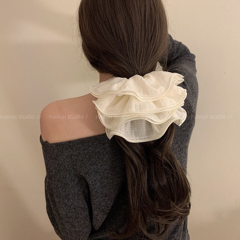 ¡4 pisos super grandes! Negro + blanco encaje plegado de alta sensación collar de cabello de intestino grande relajado francés coreano cuerda de cabello mujer