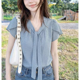 法式格子飘带设计感气质短袖女2026夏季新款宽松显瘦减龄上衣