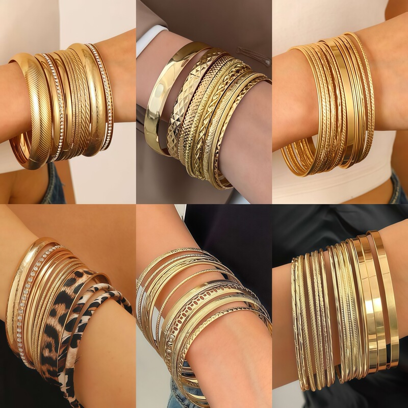 Cross-border ethnic style alloy bracelet vintage wide bracelet set women's gold smooth bracelet ten-piece set Cross-border ethnic style alloy bracelet vintage wide bracelet set women's gold smooth bracelet ten-piece set