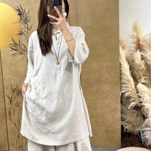 新款复古立领盘扣七分袖衬衫女棉麻中长款新中式女装夏装上衣