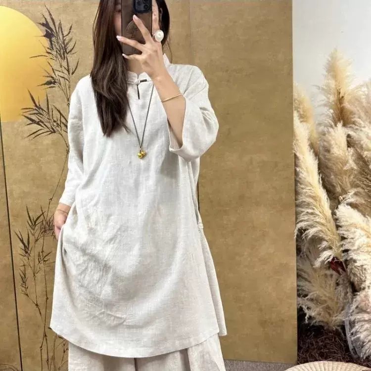 新款复古立领盘扣七分袖衬衫女棉麻中长款新中式女装夏装上衣