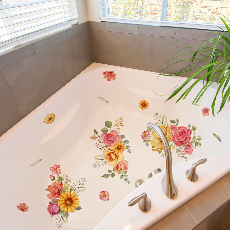 M16149 Colorful Flower Butterfly Creative Bathtub Sticker Bedroom Bathroom Background Atmosphere Decoration Self-Adhesive Wall Sticker