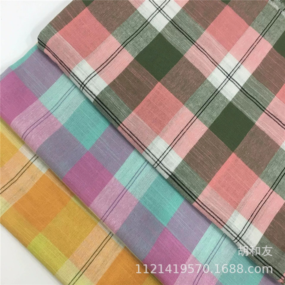 全棉竹节面料 色织格子布休闲衬衫面料 工艺品鞋帽装饰布料 现货