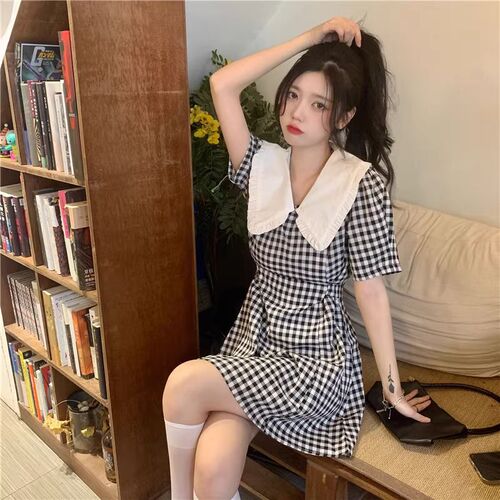 Doll Collar Grid Patchwork Skirt Women Summer French Short Sleeve One-Step Skirt Cute Japanese Short Skirt