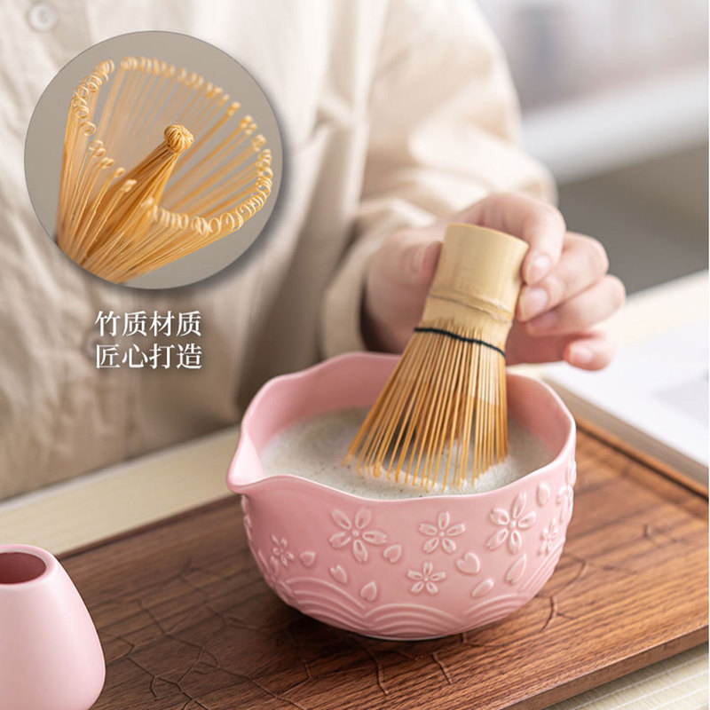 跨境樱花粉日式抹茶茶具套装7件套茶筅抹茶碗茶筅立百本立礼盒装|undefined