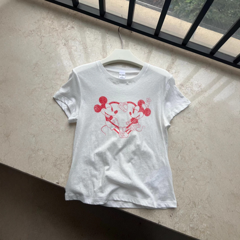 Re* High-End Women's Clothing 2026 Spring New Arrivals Nanyou European Style Mickey and Minnie Holding Hands Print Short-Sleeve Pure Cotton Loose T-Shirt Re* High-End Women's Clothing 2026 Spring New Arrivals Nanyou European Style Mickey and Minnie Holding Hands Print Short-Sleeve Pure Cotton Loose T-Shirt