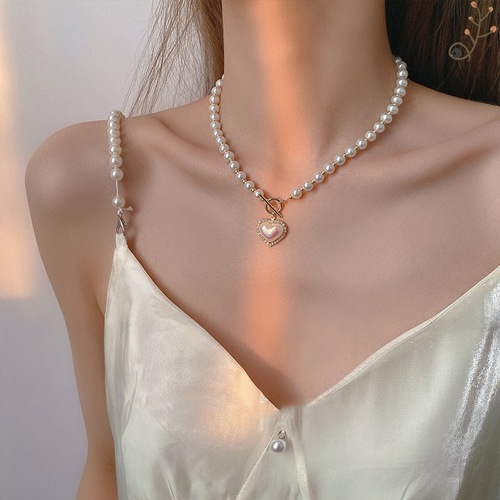 Women photos shooting stage performance pearl beaded necklace Japan and South Korea Pearl Love Necklace Female prom party Clavicle Chain Necklace