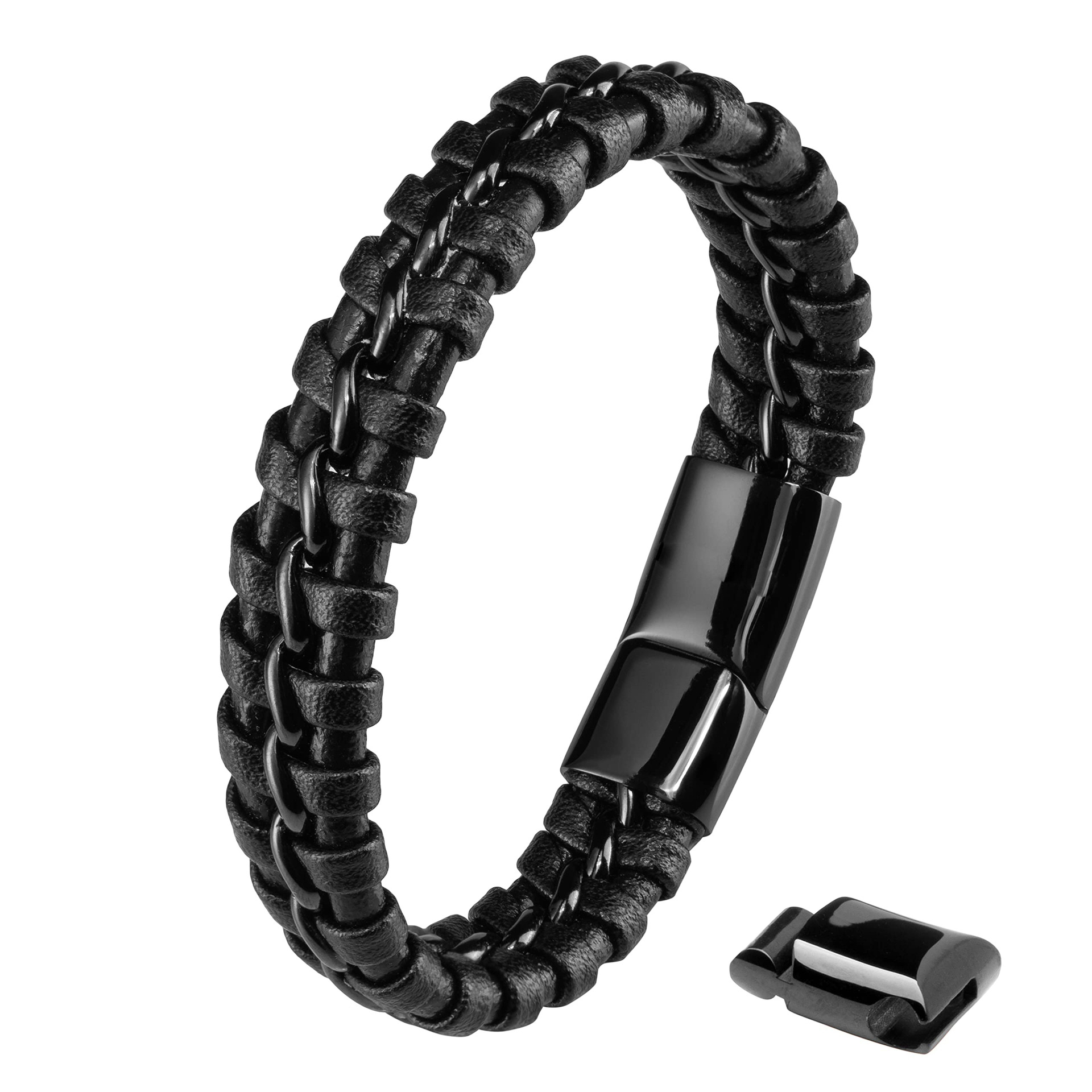 1 Piece Quantity Punk Streetwear Geometric 304 Stainless Steel Pu Leather Men's Wristband Men Cord & Leather Bracelets