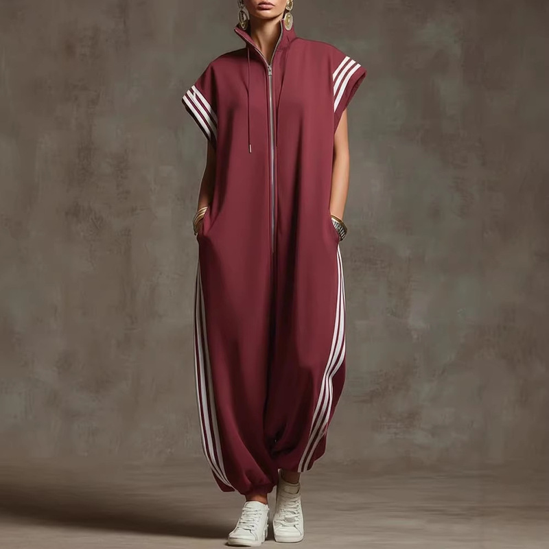 2026 European and American Cross-Border Foreign Trade Zippered Stand-Collar Striped Color-Blocking Fashion Jumpsuit