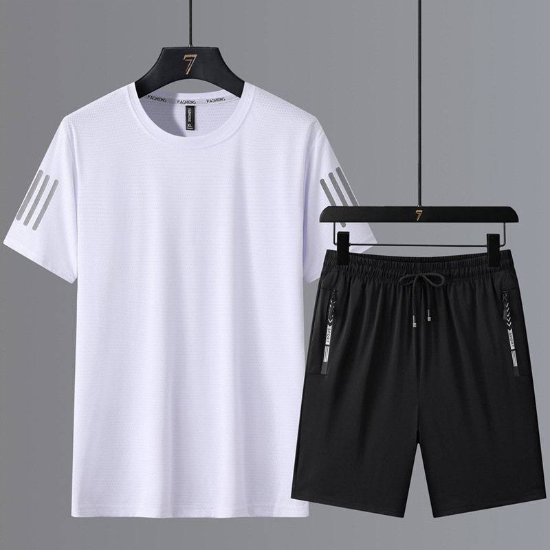 Traje de ocio deportivo de seda de hielo de talla grande para hombre de verano camiseta de cuello redondo pantalones sueltos de manga corta de secado rápido tres piezas
