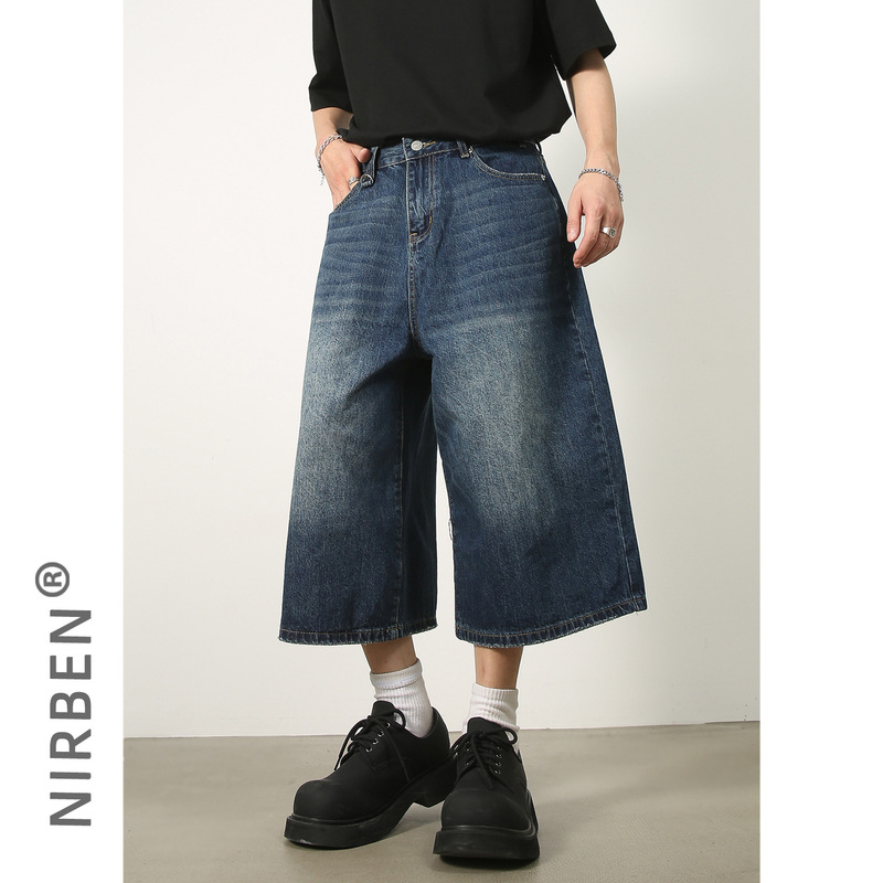 nirben Denim | Summer loose profile washed vintage distressed cropped straight Denim shorts men's fashion