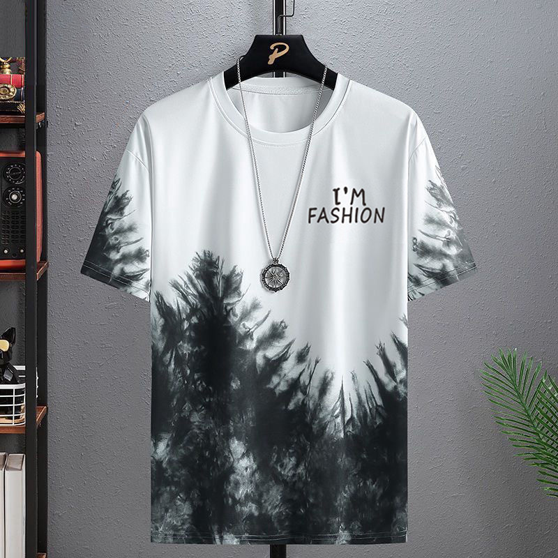 Camiseta de manga corta de seda de hielo para hombres verano 2024 nueva moda estudiantes adolescentes de media manga camiseta de tinta de hielo para hombres